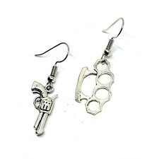 Gun & Brass Knuckle Duster Earrings Gentlemen Gangster Thug Punk Silver Plated