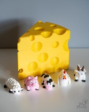 3D Printed Farm Animal Figurines & Cheese - Cow Pig Sheep Goat Chicken Set