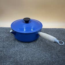 Le Creuset Cast Iron Blue Enamel Saucepan with Lid Wooden Handle France Size 20