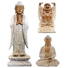 Whitewash Large Buddha Guardian Statue Ornament Hand Carved Wooden Home Decor
