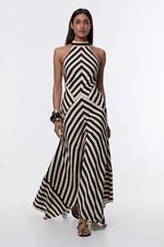 Karen Millen Mono Fluid Stripe Cotton Mix Woven Maxi Halter Dress Size UK 8