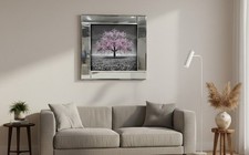 Silver blossom tree picture in mirrored frame glitter 3D Wall art picture 55x55