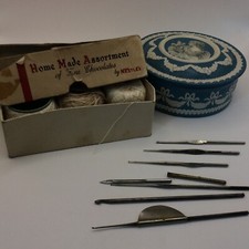 2 Vintage Sewing Items - Box of Cotton Thread + Crochet Hooks+ Meltis Box Pins