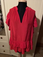 ZARA Ladies Blouse Size XS Red Lightweight Oversized Frill Sleeve Flounce Hem