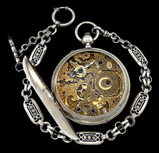 Jacot Chinese Duplex PW Signed Thiery Silver Case Observation Back, Chain & Key!