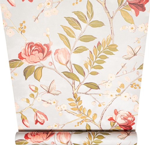 Grey red floral wallpaper rose - grey,