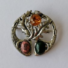 Celtic Brooch Scottish Thistle Mizpah Vintage Faux Citrine Amethyst Rhinestone