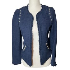 Zara Trafaluc Studded Cropped Fringe Tweed Cotton Open Dress Blazer Navy Size M