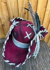 Maroon Red Distressed Tricorn Pirate Hat Renaissance Feathers Leather 57cm (24)