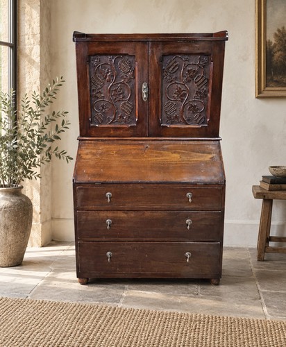 Antique carved walnut bureau - antique,