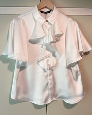 BNWT ZARA Size L Satin Frill Blouse, Top. White, Short Angel Sleeves.