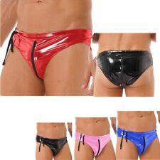 Men's Openable Crotch Underwear Low Rise Shiny Panties PVC Leather Bikini Briefs