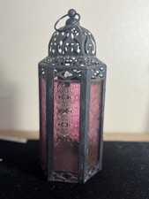 Vintage Moroccan-Style Red Glass Lantern Black Metal Filigree Embossed Glass