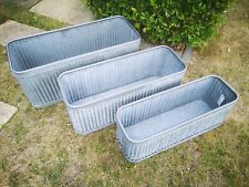 Set Of 3 Ribbed Trough Vintage Grey Zinc Galvanised Metal Garden Planter Flower