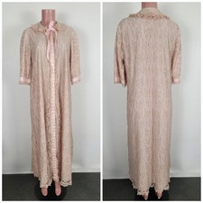 Vintage RARE 60s Odette Barsa Pink Lace Taffeta Long Robe Peignoir Ribbon