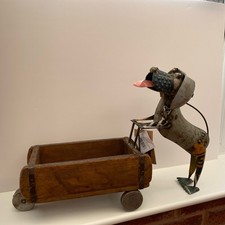 RUSTIC VINTAGE WHEELBARROW DOG BRICK MOULD METAL & WOOD PLANTER 37x53x15.5cm