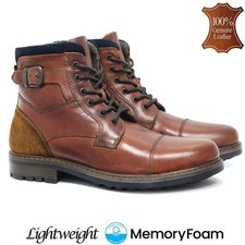 Mens Leather Army Military Boots Memory Foam Ankle Walking Biker Combat Shoes