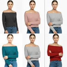 Womens Off Shoulder Jumper Knitted Ladies Slash Neck Oversized Crop Sweater Top