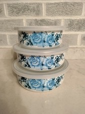 Vintage Lincoware Blue Floral Enamel Nesting Bowls Set of 3