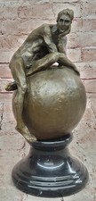 Elegant Rare Nude Male Figure Global Thinker Bronze Marble Statue Partner Art