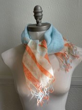 GEORGINA VON ETZDORF Scarf Orange Blue Small Linen Tassels 94cm x 33cm