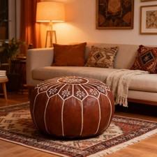 PREFILLED Brown Leather Pouf Ottoman Handmade Moroccan Footstool Pouffe rounded