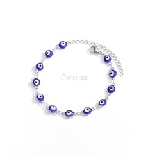 Women Sterling Silver Lucky Blue Evil Eye Balls Beaded Bracelet Bangle Chain