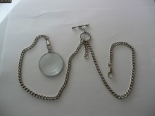 Monocle 6x Magnifier double albert silver plated  pocket watch chain fob t bar 