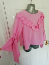 ZARA Ladies Size S Pink Frill Bow Flounce Sleeve Shift Shirt Blouse Top Pretty