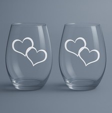 Love Hearts Valentines Anniversary Etched Stemless Wine Glasses (Set of Two)