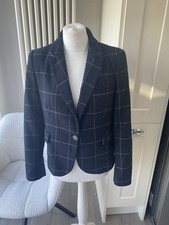 ZARA NAVY BLUE CHECK TWEED WOOL SINGLE BREASTED BLAZER JACKET SIZE L LARGE 10