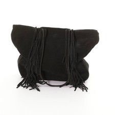 Linea Pelle Black Suede Leather Fringe Zipper Shoulder Tote Bag OS Boho Moto