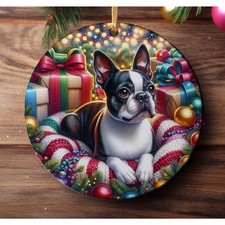 Boston Terrier Ceramic Christmas Tree Ornament, Printed On Both Sides, Gift Bag