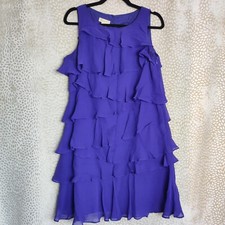 Monsoon Women's Ruffle Tiered Dress Size 12 Purple 100% Silk Shift Swing Style