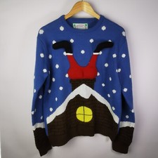 ~ Cedarwood State ~ Blue Christmas Jumper ~ Santa In Chimney ~ Size Large / L ~