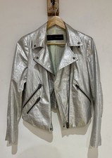 Zara Silver Metallic Faux Distressed Leather Short Retro Biker Coat Jacket Sz M