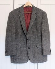 Mens Wool Blazer Herringbone Grey 44 short Shetland Type Wool Tweed 