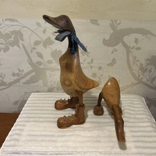 Pair Hand Carved Wood/ Bamboo Ducks Figurines 13'' High And 5” High