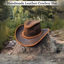 Mens Cowboy Hat Real Leather Australian Western Style Tan Crazy Horse Bush Hat