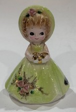 Rare 1970s Josef Originals Wide Eye YOUNG LADY IN GREEN CARRYING GIFT BOX