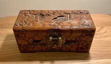 Antique Chinese Small Carved Camphor Wood Brass Clasp, trinket box chest