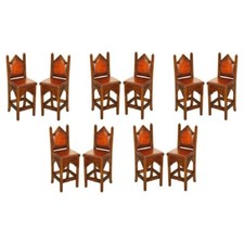 TEN FINE RESTORED BROWN LEATHER GOTHIC REVIVAL STEEPLE BACK KITCHEN BAR STOOLS
