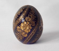 FABERGE MODERN GLASS EGG PAPERWEIGHT COBALT BLUE ENGRAVED GILDED FLORAL PATTERN