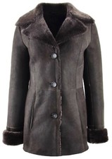 Womens Real Sheepskin Brown Jacket Classic Mac 3/4 Long Merino Shearling Trench