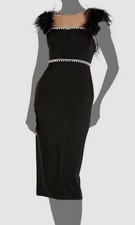 Mac Duggal Women's Black Feather Cap Sleeve Embellished T-Length Dress Size 2