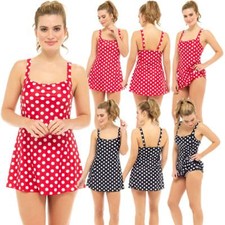 Ladies Polka Dot Retro Swimming Costume Red Black Swimwear Swim Dress  10-22