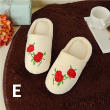 Lady Slippers House Shoes Indoor Embroidery Rose Floral Plush Slip on Flat Home
