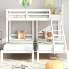 Triple Bunk Bed White with Stairs Full Twin Kids Sleeper Space Saver