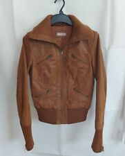 Real Leather Jacket Zip Up Vintage Awear UK 10 Ladies Tan Knitted Collar Cuffs