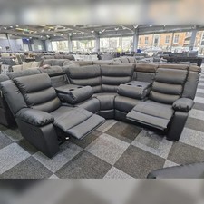 Roma 2C2 Grey Leather Corner Recliner Sofas + Cupholders For Family Sitting